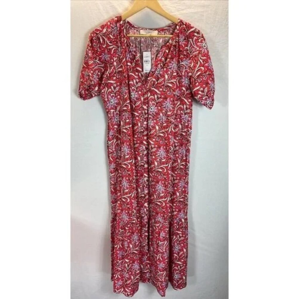 NWT LOFT Red, Pink and White Floral Midi Dress